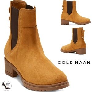 COLE HAAN WP CAMEA AMBER SUEDE PULL-ON CHELSEA ANKLE BOOTS TAN Block Heel Bootie